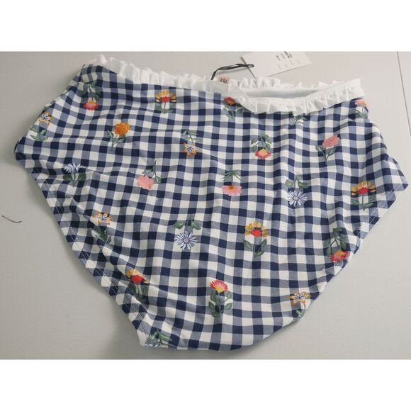 Plus Size High Waist Swim Bottom 1X Navy Gingham Floral Ruffle Unique Vintage - Picture 3 of 6